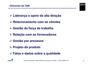 Elementos do TQM



  Liderança e apoio da alta direção

  Relacionamento com os clientes

  Gestão da força de trabalho

...