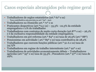 Casos especiais abrangidos pelo regime geral
 Trabalhadores de orgãos estatutários (art.º 61º e ss)
 Taxa contribuitiva esta prevista no art.º 69º - 29,6
 Trabalhadores no Domicilio art.º 71º e ss
 Praticantes desportivos (art.º74 e ss) – 33,3% - 22,3% da entidade
empregadora e 11% do trabalhador
 Trabalhadores com contratos de muito curta duração (art.8ºª e ss) – 26,1%
e é da excliusiva responsabilidade da entdade empregadora.
 Trabalhadores em pré-reforma (art.º 84º e ss) taxa de 26,9% (art.º 88º)
 Pensionistas em actividade ( art.º 89º e ss) taxa contribuitiva de 28,2%
 Trabalhadores que exercem funções públicas (art.º 91-A e ss) taxa de
34,75%
 Trabalhadores em regime de trabalho intermitente (art.º 92º e ss)
 Trabalhadores de actividades economicamente débeis – Trabalhadores
agricolas (art.º 95º e ss) taxa de 33,3% ; Pescadores (art.º 97º e ss) taxa de
29%;
 