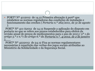  PORTª Nº 4112012 de 14.12 Primeira alteração à portª que
estabelece as normas reguladoras das condições de instalação e
funcionamento das creches ( Portaria n.º 262/2011, de 31 de agosto
).
PORTª Nº 411-A2012 de 14.12 Suspende a aplicação do disposto em
portaria no que se refere aos prazos estabelecidos para efeitos da
revisão anual de preços de medicamentos para o ano de 2013 ( nº 1 do
artigo 5.º e n.º1 do artigo 6.º da Portaria n.º. 4/2012, de 2 de janeiro
).
PORTª Nº 4222012 de 24.12 Fixa as normas regulamentares
necessárias à repartição das verbas dos jogos sociais atribuídas ao
Ministério da Solidariedade e da Segurança Social.
 