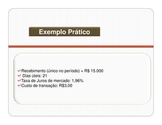 Recebimento (único no período) = R$ 15.000
Dias úteis: 21
Taxa de Juros de mercado: 1,96%
Custo de transação: R$3,00
Exemplo Prático
 