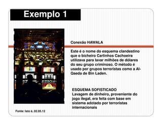 Conexão HAWALA
Este é o nome do esquema clandestino
que o bicheiro Carlinhos Cachoeira
utilizava para lavar milhões de dólares
do seu grupo criminoso. O método é
usado por grupos terroristas como a Al-
Qaeda de Bin Laden.
ESQUEMA SOFISTICADO
Lavagem de dinheiro, proveniente do
jogo ilegal, era feita com base em
sistema adotado por terroristas
internacionais
Fonte: Isto é, 02.05.12
Exemplo 1
 