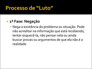1ª Fase: Negação 
Nega a existência do problema ou situação. Pode não acreditar na informação que está recebendo, tentar esquecê-la, não pensar nela ou ainda buscar provas ou argumentos de que ela não é a realidade  