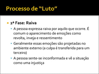 2ª Fase: Raiva 
A pessoa expressa raiva por aquilo que ocorre. É comum o aparecimento de emoções como revolta, inveja e ressentimento 
Geralmente essas emoções são projetadas no ambiente externo (a culpa é transferida para um terceiro) 
A pessoa sente-se inconformada e vê a situação como uma injustiça  