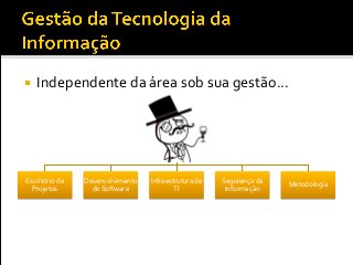  Independente da área sob sua gestão...
Gestor deTI
Escritório de
Projetos
Desenvolvimento
de Software
Infraestrutura de
TI
Segurança da
Informação
Metodologia
 