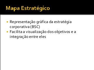  Representação gráfica da estratégia
corporativa (BSC)
 Facilita a visualização dos objetivos e a
integração entre eles
 