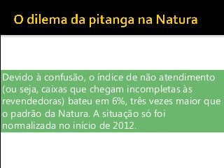 Devido à confusão, o índice de não atendimento
(ou seja, caixas que chegam incompletas às
revendedoras) bateu em 6%, três vezes maior que
o padrão da Natura. A situação só foi
normalizada no início de 2012.
 