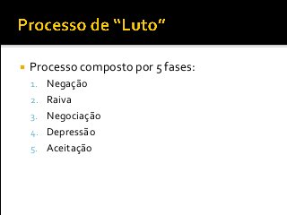  Processo composto por 5 fases:
1. Negação
2. Raiva
3. Negociação
4. Depressão
5. Aceitação
 
