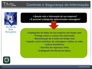 Controle e Segurança da Informação


                   Quanto vale a informação da sua empresa?
                 É possível criptografar determinadas mensagens?


On-the-fly
   Disk
Encryption    Criptografia de dados da sua empresa em tempo real;
                    Protege contra o acesso não autorizado;
                    Reconstrução de e-mails em tempo real;
             Impede contra tentativas de sabotagem e falhas na rede;
                               Leitura biométrica;
                          Garantia de segurança total; "
                        Criptografia On-the-fly de dados.
 