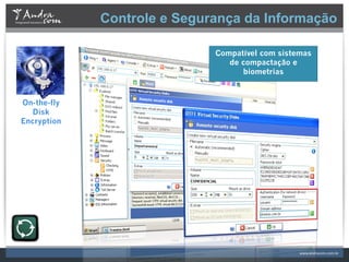 Controle e Segurança da Informação

                             Compatível com sistemas
                                de compactação e
                                   biometrias



On-the-fly
   Disk
Encryption
 