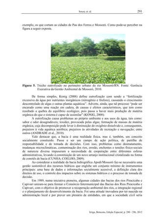 Souza, et. al.

291

exemplo, os que cortam as cidades de Pau dos Ferros e Mossoró. Como pode-se perceber na
figura a seguir exposta.

Figura 5. Trecho eutrofizado no perímetro urbano do rio Mossoró/RN. Fonte: Gerência
Executiva da Gestão Ambiental de Mossoró, 2010.
De forma simples, Konig (2008) define eutrofização com sendo a “fertilização
excessiva da água por nutrientes inorgânicos (nitrogênio e fósforo), causando o crescimento
descontrolado de algas e outras plantas aquáticas”. Adverte, ainda, que tal processo “pode ser
encarado como uma reação em cadeia, de causas e efeitos característicos, que tem como
resultado a quebra do equilíbrio ecológico, pois passa a haver mais produção de matéria
orgânica do que o sistema é capaz de assimilar” (KONIG, 2008).
A eutrofização causa problemas ao próprio ambiente e aos usos da água, tais como:
sabor e odor desagradáveis; toxidez, provocada pelas algas; formação de massas de matéria
orgânica, cuja decomposição pode levar à diminuição do oxigênio dissolvido e, consequentes,
prejuízos à vida aquática aeróbica; prejuízos às atividades de recreação e navegação; entre
outros (ANDRADE et al., 2010).
Vale destacar que, a bacia é uma realidade física, mas é, também, um conceito
socialmente construído. Passa a ser um campo de ação política, de partilha de
responsabilidade e de tomada de decisões. Com isso, problemas como desmatamento,
mudanças microclimáticas, contaminação dos rios, erosão, enchentes e tensões físico-sociais
de natureza diversa impuseram a necessidade de cooperação entre diferentes esferas
administrativas, levando à constituição de um novo arranjo institucional cristalizado na forma
de comitês de bacia (CUNHA; COELHO, 2009).
Ao considerar a realidade da bacia hidrográfica Apodi/Mossoró faz-se necessária uma
gestão sustentável dos recursos hídricos que englobe um conjunto mínimo de instrumentos
principais: uma base de dados e informações socialmente acessível, a definição clara dos
direitos de uso, o controle dos impactos sobre os sistemas hídricos e o processo de tomada de
decisão.
Em 1989, numa iniciativa pioneira, algumas cidades das bacias dos rios Piracicaba e
Capivari uniram-se para formar o Consórcio Intermunicipal das Bacias dos Rios Piracicaba e
Capivari, com o objetivo de promover a recuperação ambiental dos rios, a integração regional
e o planejamento do desenvolvimento da bacia. Foi uma atitude inovadora por ter nascido na
administração local e por prever um plenário de entidades, em que a sociedade civil seria

Irriga, Botucatu, Edição Especial, p. 280 - 296, 2012

 