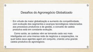 Desafios do Agronegócio Globalizado
• Em virtude da maior globalização e aumento da competitividade,
com evolução dos segmentos e avanços tecnológicos relacionados
aos processos produtivos e de gestão, o conceito de cadeia
produtiva está em constante evolução.
Como saída, as cadeias vêm se tornando cada vez mais
interligadas em uma imensa rede de negócios e cooperações, na
qual todos seus agentes agem em conjunto, criando uma grande
cadeia produtiva do agronegócio.
 