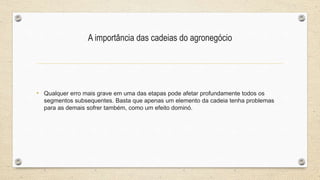 A importância das cadeias do agronegócio
• Qualquer erro mais grave em uma das etapas pode afetar profundamente todos os
segmentos subsequentes. Basta que apenas um elemento da cadeia tenha problemas
para as demais sofrer também, como um efeito dominó.
 