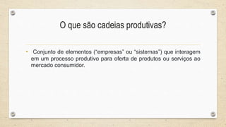 O que são cadeias produtivas?
• Conjunto de elementos (“empresas” ou “sistemas”) que interagem
em um processo produtivo para oferta de produtos ou serviços ao
mercado consumidor.
 