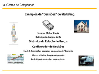 3. Gestão de Campanhas

               Exemplos de “Decisões” de Marketing




                            Segunda Melhor Oferta
                         Optimização do plano tarifa

                   Dinâmica da Relação de Preços
                      Configurador de Decisões
              Stock & Promoções baseadas na capacidade/desconto
                      Alertas e limitações pré-estipulados
                     Definição de comissões para agências
 