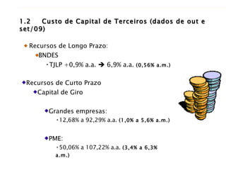 1.2 Custo de Capital de Terceiros (dados de out e set/09) Recursos de Longo Prazo: BNDES TJLP +0,9% a.a.    6,9% a.a.  (0,56% a.m.) Recursos de Curto Prazo Capital de Giro Grandes empresas:  12,68% a 92,29% a.a.  (1,0% a 5,6% a.m.) PME: 50,06% a 107,22% a.a.  (3,4% a 6,3% a.m.) 
