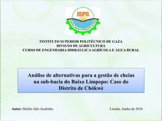 INSTITUTO SUPERIOR POLITÉCNICO DE GAZA
DIVISÃO DE AGRICULTURA
CURSO DE ENGENHARIA HIDRÁULICAAGRÍCOLA E ÁGUA RURAL
Análise de alternativas para a gestão de cheias
na sub-bacia do Baixo Limpopo: Caso do
Distrito de Chókwè
Autor: Melito Júlo Avalinho Lionde, Junho de 2016
 