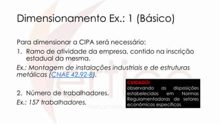 Dimensionamento Ex.: 1 (Básico)
Para dimensionar a CIPA será necessário:
1. Ramo de atividade da empresa, contido na inscrição
estadual da mesma.
Ex.: Montagem de instalações industriais e de estruturas
metálicas (CNAE 42.92-8).
2. Número de trabalhadores.
Ex.: 157 trabalhadores.
CUIDADO!
observando as disposições
estabelecidas em Normas
Regulamentadoras de setores
econômicos específicos
 
