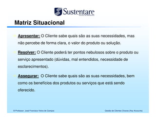 Matriz Situacional

    Apresentar: O Cliente sabe quais são as suas necessidades, mas
    não percebe de forma clara, o valor do produto ou solução.

    Resolver: O Cliente poderá ter pontos nebulosos sobre o produto ou
    serviço apresentado (dúvidas, mal entendidos, necessidade de
    esclarecimentos).

    Assegurar: O Cliente sabe quais são as suas necessidades, bem
    como os benefícios dos produtos ou serviços que está sendo
    oferecido.




© Professor José Francisco Vieira de Campos         Gestão de Clientes Chaves (Key Accounts)
 