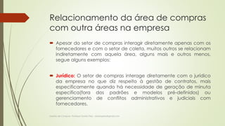Relacionamento da área de compras 
com outra áreas na empresa 
 Apesar do setor de compras interagir diretamente apenas com os 
fornecedores e com o setor de coleta, muitos outros se relacionam 
indiretamente com aquela área, alguns mais e outros menos, 
segue alguns exemplos: 
 Jurídico: O setor de compras interage diretamente com o jurídico 
da empresa no que diz respeito à gestão de contratos, mais 
especificamente quando há necessidade de geração de minuta 
especifica(fora dos padrões e modelos pré-definidos) ou 
gerenciamento de conflitos administrativos e judiciais com 
fornecedores. 
Gestão de Compras- Professor Danilo Pires - danilospires@gmail.com 
 
