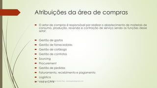 Atribuições da área de compras 
 O setor de compras é responsável por realizar o abastecimento de materiais de 
consumo, produção, revenda e contração de serviço sendo as funções desse 
setor: 
 Gestão de gastos 
 Gestão de fornecedores 
 Gestão de catálogo 
 Gestão de contratos 
 Sourcing 
 Procurement 
 Gestão de pedidos 
 Faturamento, recebimento e pagamento 
 Logística 
 VMI e CPFR Gestão de Compras- Professor Danilo Pires - danilospires@gmail.com 
 