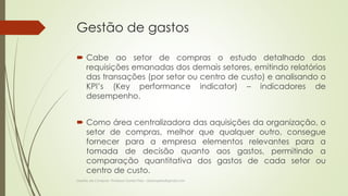 Gestão de gastos 
 Cabe ao setor de compras o estudo detalhado das 
requisições emanadas dos demais setores, emitindo relatórios 
das transações (por setor ou centro de custo) e analisando o 
KPI’s (Key performance indicator) – indicadores de 
desempenho. 
 Como área centralizadora das aquisições da organização, o 
setor de compras, melhor que qualquer outro, consegue 
fornecer para a empresa elementos relevantes para a 
tomada de decisão quanto aos gastos, permitindo a 
comparação quantitativa dos gastos de cada setor ou 
centro de custo. 
Gestão de Compras- Professor Danilo Pires - danilospires@gmail.com 
 