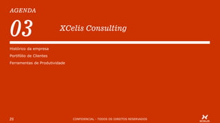 AGENDA
CONFIDENCIAL - TODOS OS DIREITOS RESERVADOS25
03 XCelis Consulting
Histórico da empresa
Portifólio de Clientes
Ferramentas de Produtividade
 