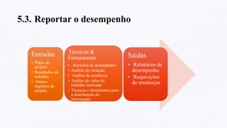 5.3. Reportar o desempenho
Entradas
• Plano do
projeto
• Resultados do
trabalho
• Outros
registros do
projeto
Técnicas &
Ferramentas
• Revisões de desempenho
• Análise da variação
• Análise de tendência
• Análise do valor do
trabalho realizado
• Técnicas e ferramentas para
a distribuição da
informação
Saídas
• Relatórios de
desempenho
• Requisições
de mudanças
 