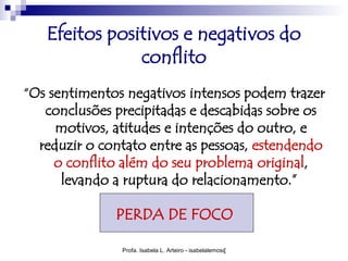 Efeitos positivos e negativos do
               conflito
“Os sentimentos negativos intensos podem trazer
   conclusões precipitadas e descabidas sobre os
     motivos, atitudes e intenções do outro, e
  reduzir o contato entre as pessoas, estendendo
    o conflito além do seu problema original,
     levando a ruptura do relacionamento.”

              PERDA DE FOCO

               Profa. Isabela L. Arteiro - isabelalemos@gmail.com
 
