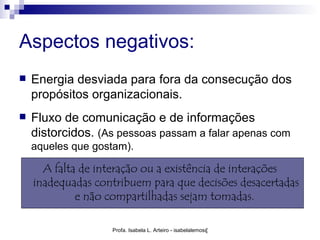 Aspectos negativos:
   Energia desviada para fora da consecução dos
    propósitos organizacionais.
   Fluxo de comunicação e de informações
    distorcidos. (As pessoas passam a falar apenas com
    aqueles que gostam).

      A falta de interação ou a existência de interações
    inadequadas contribuem para que decisões desacertadas
             e não compartilhadas sejam tomadas.

                   Profa. Isabela L. Arteiro - isabelalemos@gmail.com
 