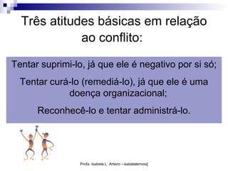 Três atitudes básicas em relação
             ao conflito:

Tentar suprimi-lo, já que ele é negativo por si só;
  Tentar curá-lo (remediá-lo), já que ele é uma
             doença organizacional;
      Reconhecê-lo e tentar administrá-lo.




                 Profa. Isabela L. Arteiro - isabelalemos@gmail.com
 