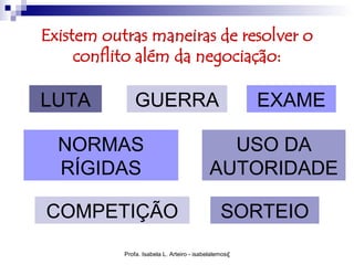 Existem outras maneiras de resolver o
     conflito além da negociação:

LUTA          GUERRA                                        EXAME

  NORMAS                                    USO DA
  RÍGIDAS                                 AUTORIDADE

COMPETIÇÃO                                    SORTEIO
           Profa. Isabela L. Arteiro - isabelalemos@gmail.com
 