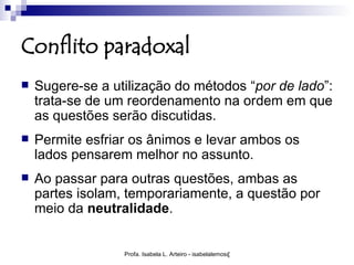 Conflito paradoxal
   Sugere-se a utilização do métodos “por de lado”:
    trata-se de um reordenamento na ordem em que
    as questões serão discutidas.
   Permite esfriar os ânimos e levar ambos os
    lados pensarem melhor no assunto.
   Ao passar para outras questões, ambas as
    partes isolam, temporariamente, a questão por
    meio da neutralidade.


                  Profa. Isabela L. Arteiro - isabelalemos@gmail.com
 