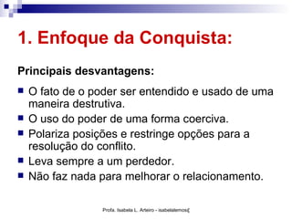 1. Enfoque da Conquista:
Principais desvantagens:
   O fato de o poder ser entendido e usado de uma
    maneira destrutiva.
   O uso do poder de uma forma coerciva.
   Polariza posições e restringe opções para a
    resolução do conflito.
   Leva sempre a um perdedor.
   Não faz nada para melhorar o relacionamento.

                 Profa. Isabela L. Arteiro - isabelalemos@gmail.com
 