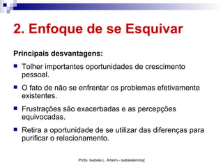 2. Enfoque de se Esquivar
Principais desvantagens:
   Tolher importantes oportunidades de crescimento
    pessoal.
   O fato de não se enfrentar os problemas efetivamente
    existentes.
   Frustrações são exacerbadas e as percepções
    equivocadas.
   Retira a oportunidade de se utilizar das diferenças para
    purificar o relacionamento.

                     Profa. Isabela L. Arteiro - isabelalemos@gmail.com
 