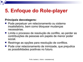 5. Enfoque do Role-player
Principais desvatagens:
 Pode perpetuar um relacionamento ou sistema
  insatisfatório, bem como bloquear mudanças
  necessárias.
 Limita o processo de resolução de conflito, ao perder as
  contribuições de pessoas em papéis de menor poder
  social.
 Restringe as opções para resolução de conflitos.
 Pode criar relacionamento de inimizade, que prejudica
  as possibilidades positivas no futuro.


                   Profa. Isabela L. Arteiro - isabelalemos@gmail.com
 