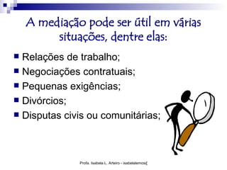 A mediação pode ser útil em várias
         situações, dentre elas:
 Relações de trabalho;
 Negociações contratuais;
 Pequenas exigências;
 Divórcios;
 Disputas civis ou comunitárias;




              Profa. Isabela L. Arteiro - isabelalemos@gmail.com
 