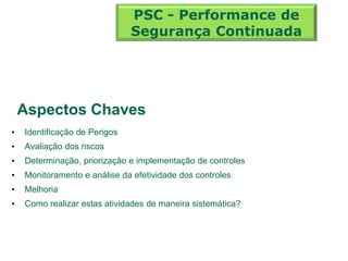 • Identificação de Perigos
• Avaliação dos riscos
• Determinação, priorização e implementação de controles
• Monitoramento e análise da efetividade dos controles
• Melhoria
• Como realizar estas atividades de maneira sistemática?
Aspectos Chaves
PSC - Performance de
Segurança Continuada
 