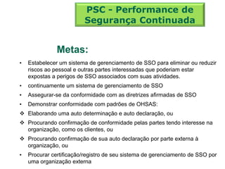 • Estabelecer um sistema de gerenciamento de SSO para eliminar ou reduzir
riscos ao pessoal e outras partes interessadas que poderiam estar
expostas a perigos de SSO associados com suas atividades.
• continuamente um sistema de gerenciamento de SSO
• Assegurar-se da conformidade com as diretrizes afirmadas de SSO
• Demonstrar conformidade com padrões de OHSAS:
 Elaborando uma auto determinação e auto declaração, ou
 Procurando confirmação de conformidade pelas partes tendo interesse na
organização, como os clientes, ou
 Procurando confirmação de sua auto declaração por parte externa à
organização, ou
• Procurar certificação/registro de seu sistema de gerenciamento de SSO por
uma organização externa
Metas:
PSC - Performance de
Segurança Continuada
 