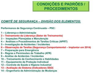 COMITÊ DE SEGURANÇA – DIVISÃO DOS ELEMENTOS:
Performance de Segurança Continuada – PSC:
1 – Liderança e Administração
2 – Treinamento da Liderança (Setor de Treinamento)
3 – Inspeções Planejadas e Manutenção
4 – Análises e Procedimentos de Tarefas Críticas (APRT)
5 – Investigação de Acidentes / Incidentes
6 – Observação de Tarefas (Segurança Comportamental – Implantar em 2014)
7 – Preparação para Emergência
8 – Regras e Permissões de Trabalho (ATR)
9 – Análise de Acidentes / Incidentes
10 – Treinamento de Conhecimento e Habilidades
11 – Equipamento de Proteção Individual
12 – Controle de Saúde e Higiene Industrial
13 – Avaliação do Sistema (Indicadores SSO)
14 – Engenharia de Administração de Mudanças
CONDIÇÕES E PADRÕES /
PROCEDIMENTOS
 
