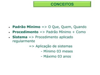  Padrão Mínimo => O Que, Quem, Quando
 Procedimento => Padrão Mínimo + Como
 Sistema => Procedimento aplicado
regularmente
=> Aplicação de sistemas
- Mínimo 03 meses
- Máximo 03 anos
CONCEITOS
 