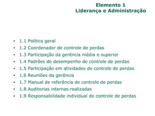 Elemento 1
Liderança e Administração
• 1.1 Política geral
• 1.2 Coordenador de controle de perdas
• 1.3 Participação da gerência média e superior
• 1.4 Padrões de desempenho de controle de perdas
• 1.5 Participação em atividades de controle de perdas
• 1.6 Reuniões da gerência
• 1.7 Manual de referência de controle de perdas
• 1.8 Auditorias internas realizadas
• 1.9 Responsabilidade individual do controle de perdas
 