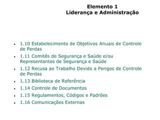Elemento 1
Liderança e Administração
 1.10 Estabelecimento de Objetivos Anuais de Controle
de Perdas
 1.11 Comitês de Segurança e Saúde e/ou
Representantes de Segurança e Saúde
 1.12 Recusa ao Trabalho Devido a Perigos de Controle
de Perdas
 1.13 Biblioteca de Referência
 1.14 Controle de Documentos
 1.15 Regulamentos, Códigos e Padrões
 1.16 Comunicações Externas
 