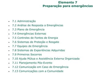 Elemento 7
Preparação para emergências
 7.1 Administração
 7.2 Análise de Resposta a Emergências
 7.3 Plano de Emergência
 7.4 Emergências Externas
 7.5 Controles de Fontes de Energia
 7.6 Sistemas de Proteção e Resgate
 7.7 Equipes de Emergência
 7.8 Sistemas de Experiências Adquiridas
 7.9 Primeiros Socorros
 7.10 Ajuda Mútua e Assistência Externa Organizada
 7.11 Planejamento Pós-Evento
 7.12 Comunicação em Caso de Emergência
 7.13 Comunicações com a Comunidade
 