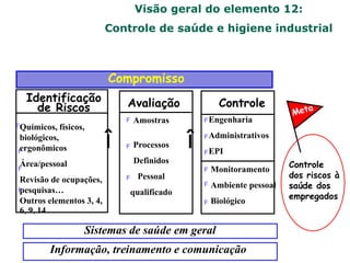 Visão geral do elemento 12:
Controle de saúde e higiene industrial
Identificação
de Riscos Avaliação Controle
Engenharia
Administrativos
EPI
Monitoramento
Ambiente pessoal
Biológico
Controle
dos riscos à
saúde dos
empregados
Sistemas de saúde em geral
Informação, treinamento e comunicação
î î
Químicos, físicos,
biológicos,
ergonômicos
Área/pessoal
Revisão de ocupações,
pesquisas…
Outros elementos 3, 4,
6, 9, 14
Amostras
Processos
Definidos
Pessoal
qualificado
F
F
F
F
F
F
F
F
F
F
F
F
Compromisso
F
 