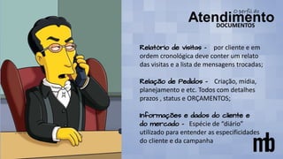 DOCUMENTOS
Relatório de visitas - por cliente e em
ordem cronológica deve conter um relato
das visitas e a lista de mensagens trocadas;
Relação de Pedidos – Criação, mídia,
planejamento e etc. Todos com detalhes
prazos , status e ORÇAMENTOS;
Informações e dados do cliente e
do mercado – Espécie de “diário”
utilizado para entender as especificidades
do cliente e da campanha
 