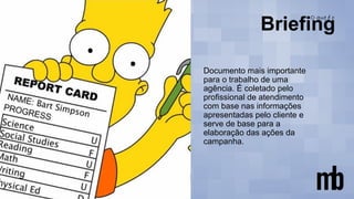 Documento mais importante
para o trabalho de uma
agência. É coletado pelo
profissional de atendimento
com base nas informações
apresentadas pelo cliente e
serve de base para a
elaboração das ações da
campanha.
 
