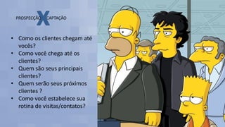 • Como os clientes chegam até
vocês?
• Como você chega até os
clientes?
• Quem são seus principais
clientes?
• Quem serão seus próximos
clientes ?
• Como você estabelece sua
rotina de visitas/contatos?
 