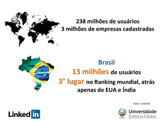 238 milhões de usuários
3 milhões de empresas cadastradas

Brasil

13 milhões de usuários
3° lugar no Ranking mundial, atrás
apenas de EUA e Índia

Fonte: LinkedIn

 