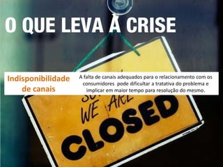 Indisponibilidade de canais 
A falta de canais adequados para o relacionamento com os consumidores pode dificultar a tratativa do problema e implicar em maior tempo para resolução do mesmo.  