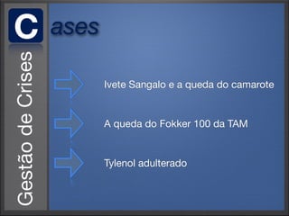 C   ases

           Ivete Sangalo e a queda do camarote


           A queda do Fokker 100 da TAM


           Tylenol adulterado
 